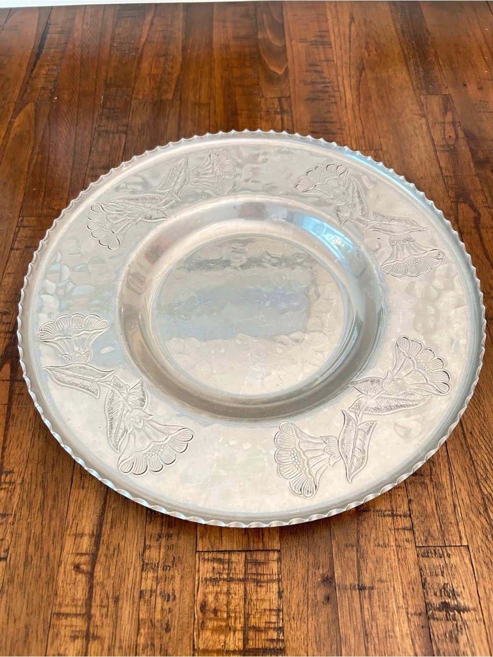 Silver Decorative Metal Serving Platter - Floral Embossed